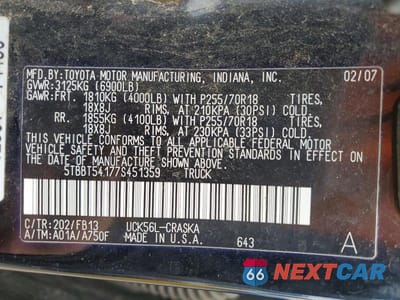 Zdjęcie 12 z 12 samochodu: 2007 TOYOTA TUNDRA DOUBLE CAB SR5 VIN:5TBBT54177S451359 - miniatura