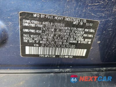 Zdjęcie 12 z 12 samochodu: 2012 SUBARU FORESTER 2.5X PREMIUM VIN:JF2SHADC9CH426580 - miniatura