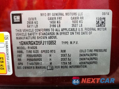 Zdjęcie 14 z 14 samochodu: 2015 CHEVROLET TRAVERSE LT VIN:1GNKRGKD5FJ110852 - miniatura