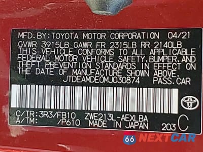 Zdjęcie 12 z 12 samochodu: 2021 TOYOTA COROLLA LE VIN:JTDEAMDE0MJ030874 - miniatura