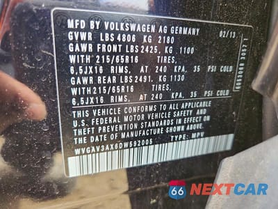 Zdjęcie 14 z 14 samochodu: 2013 VOLKSWAGEN TIGUAN S VIN:WVGAV3AX6DW592005 - miniatura