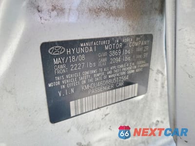 Zdjęcie 12 z 12 samochodu: 2008 HYUNDAI ELANTRA GLS VIN:KMHDU46D88U512564 - miniatura