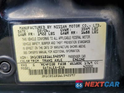 Zdjęcie 12 z 12 samochodu: 2006 NISSAN SENTRA 1.8 VIN:3N1CB51D16L542597 - miniatura