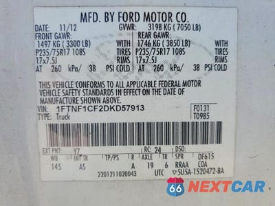 Zdjęcie 12 z 12 samochodu: 2013 FORD F150 VIN:1FTNF1CF2DKD57913 - miniatura