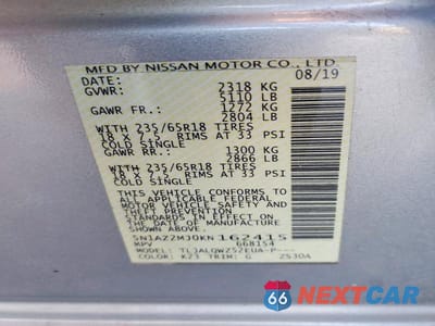 Zdjęcie 14 z 14 samochodu: 2019 NISSAN MURANO SV VIN:5N1AZ2MJ0KN162415 - miniatura