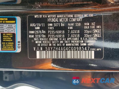 Zdjęcie 12 z 12 samochodu: 2012 HYUNDAI SANTA FE SE VIN:5XYZH4AG4CG098547 - miniatura