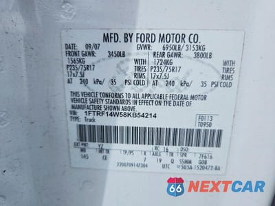 Zdjęcie 12 z 12 samochodu: 2008 FORD F150 VIN:1FTRF14W58KB54214 - miniatura