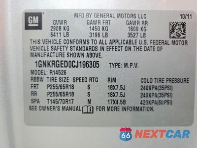 Zdjęcie 13 z 13 samochodu: 2012 CHEVROLET TRAVERSE LT VIN:1GNKRGED0CJ196305 - miniatura