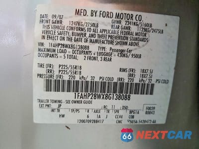 Zdjęcie 12 z 12 samochodu: 2008 FORD TAURUS LIMITED VIN:1FAHP28WX8G138088 - miniatura