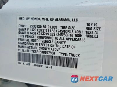 Zdjęcie 12 z 12 samochodu: 2019 HONDA RIDGELINE SPORT VIN:5FPYK3F15KB047938 - miniatura