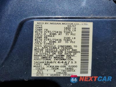 Zdjęcie 13 z 13 samochodu: 2007 NISSAN PATHFINDER S VIN:5N1AR18U67C644713 - miniatura