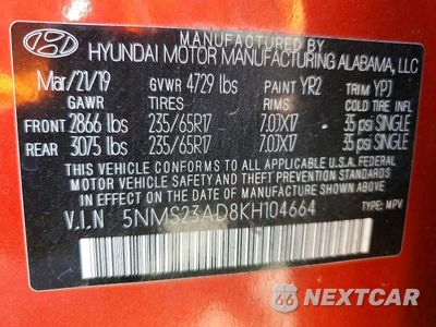 Zdjęcie 14 z 14 samochodu: 2019 HYUNDAI SANTA FE SE VIN:5NMS23AD8KH104664 - miniatura