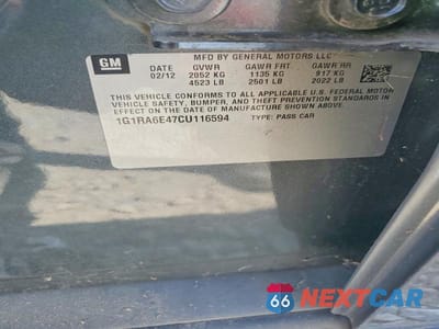 Zdjęcie 12 z 12 samochodu: 2012 CHEVROLET VOLT VIN:1G1RA6E47CU116594 - miniatura