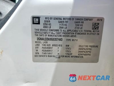 Zdjęcie 13 z 13 samochodu: 2016 CHEVROLET EQUINOX LT VIN:2GNALCEK8G6357443 - miniatura