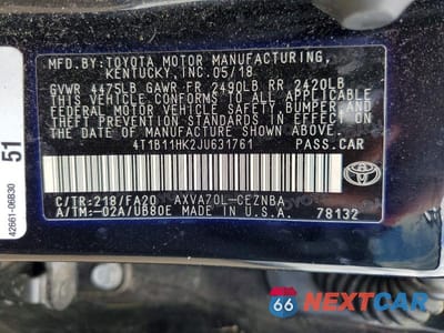 Zdjęcie 12 z 12 samochodu: 2018 TOYOTA CAMRY LE VIN:4T1B11HK2JU631761 - miniatura