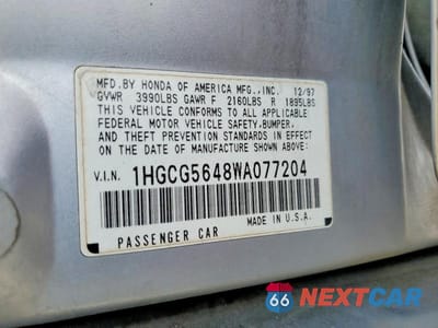 Zdjęcie 12 z 12 samochodu: 1998 HONDA ACCORD LX VIN:1HGCG5648WA077204 - miniatura
