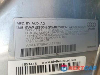 Zdjęcie 12 z 12 samochodu: 2009 AUDI A4 PREMIUM PLUS VIN:WAUGF78K49A177098 - miniatura