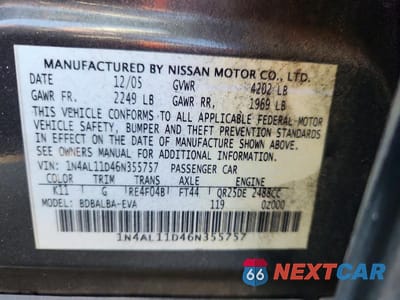 Zdjęcie 12 z 12 samochodu: 2006 NISSAN ALTIMA 2.5 VIN:1N4AL11D46N355757 - miniatura