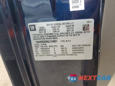 Zdjęcie 12 z 12 samochodu: 2012 CHEVROLET TRAVERSE LT VIN:1GNKRGED6CJ134651 - miniatura