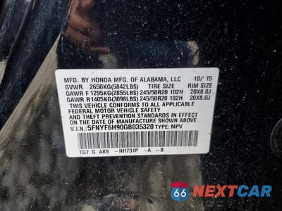 Zdjęcie 13 z 13 samochodu: 2016 HONDA PILOT TOURING VIN:5FNYF6H90GB035320 - miniatura