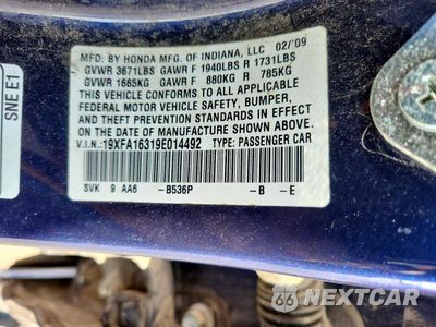 Zdjęcie 12 z 12 samochodu: 2009 HONDA CIVIC VP VIN:19XFA16319E014492 - miniatura