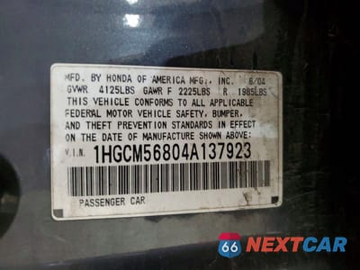 Zdjęcie 12 z 12 samochodu: 2004 HONDA ACCORD EX VIN:1HGCM56804A137923 - miniatura