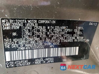 Zdjęcie 12 z 12 samochodu: 2012 TOYOTA RAV4 BASE VIN:JTMBF4DV7CD045342 - miniatura