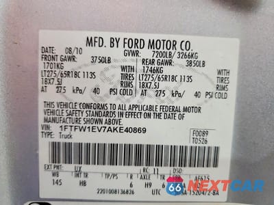 Zdjęcie 12 z 12 samochodu: 2010 FORD F150 SUPERCREW VIN:1FTFW1EV7AKE40869 - miniatura