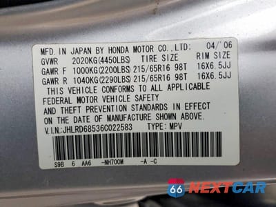 Zdjęcie 13 z 13 samochodu: 2006 HONDA CR-V LX VIN:JHLRD68536C022583 - miniatura