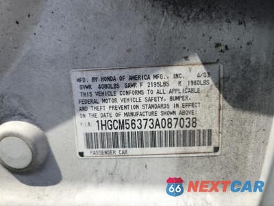 Zdjęcie 12 z 12 samochodu: 2003 HONDA ACCORD LX VIN:1HGCM56373A087038 - miniatura
