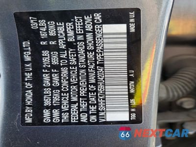 Zdjęcie 12 z 12 samochodu: 2017 HONDA CIVIC EX VIN:SHHFK7H59HU420347 - miniatura
