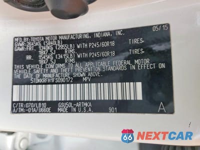Zdjęcie 14 z 14 samochodu: 2015 TOYOTA HIGHLANDER XLE VIN:5TDKKRFH1FS090172 - miniatura