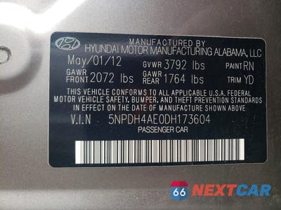 Zdjęcie 12 z 12 samochodu: 2013 HYUNDAI ELANTRA GLS VIN:5NPDH4AE0DH173604 - miniatura
