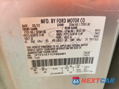 Zdjęcie 12 z 12 samochodu: 2012 FORD F150 SUPER CAB VIN:1FTFX1ET1CFB22401 - miniatura