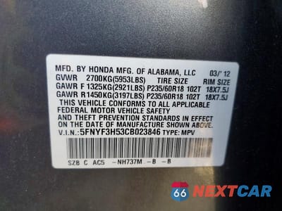 Zdjęcie 13 z 13 samochodu: 2012 HONDA PILOT EXL VIN:5FNYF3H53CB023846 - miniatura
