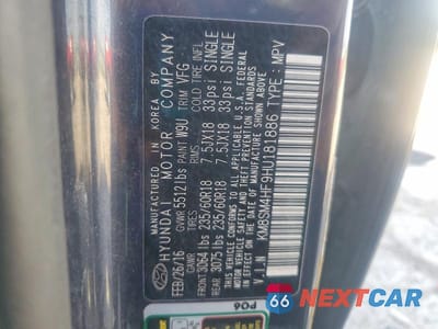 Zdjęcie 13 z 13 samochodu: 2017 HYUNDAI SANTA FE SE VIN:KM8SM4HF9HU181886 - miniatura