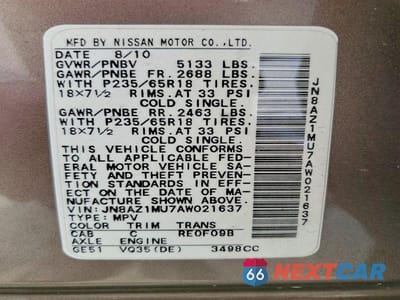 Zdjęcie 13 z 13 samochodu: 2010 NISSAN MURANO S VIN:JN8AZ1MU7AW021637 - miniatura