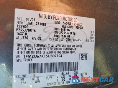 Zdjęcie 12 z 12 samochodu: 2005 FORD EXPLORER SPORT TRAC VIN:1FMZU67K15UB07124 - miniatura