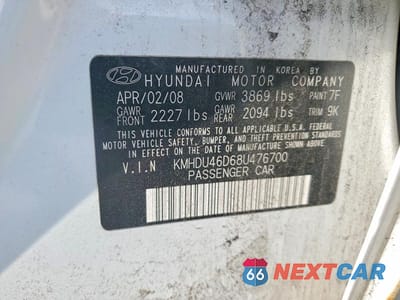Zdjęcie 13 z 13 samochodu: 2008 HYUNDAI ELANTRA GLS VIN:KMHDU46D68U476700 - miniatura