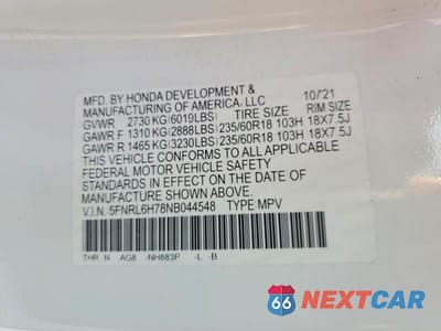 Zdjęcie 13 z 13 samochodu: 2022 HONDA ODYSSEY EXL VIN:5FNRL6H78NB044548 - miniatura