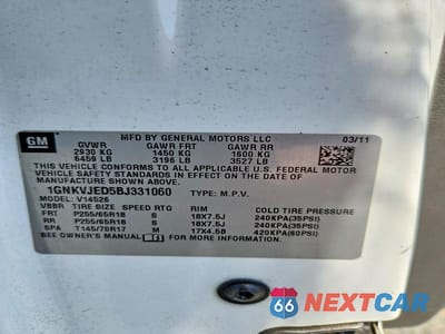 Zdjęcie 13 z 13 samochodu: 2011 CHEVROLET TRAVERSE LT VIN:1GNKVJED5BJ331060 - miniatura