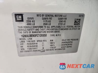 Zdjęcie 13 z 13 samochodu: 2015 CHEVROLET EQUINOX LT VIN:1GNALBEK8FZ126958 - miniatura
