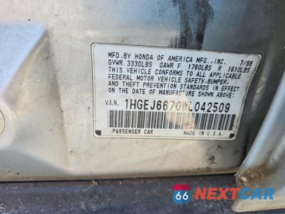 Zdjęcie 12 z 12 samochodu: 1998 HONDA CIVIC LX VIN:1HGEJ6670WL042509 - miniatura
