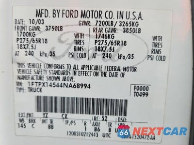 Zdjęcie 13 z 13 samochodu: 2004 FORD F150 VIN:1FTPX14544NA68994 - miniatura