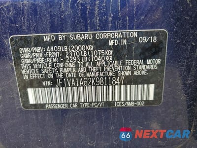 Zdjęcie 12 z 12 samochodu: 2019 SUBARU WRX VIN:JF1VA1A62K9811847 - miniatura