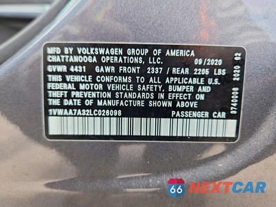 Zdjęcie 13 z 13 samochodu: 2020 VOLKSWAGEN PASSAT S VIN:1VWAA7A32LC026098 - miniatura