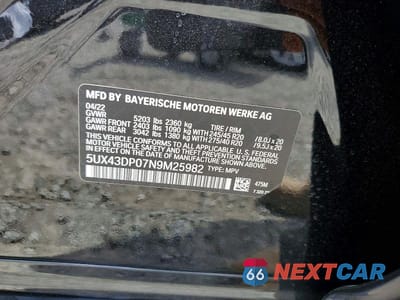 Zdjęcie 14 z 14 samochodu: 2022 BMW X3 SDRIVE30I VIN:5UX43DP07N9M25982 - miniatura