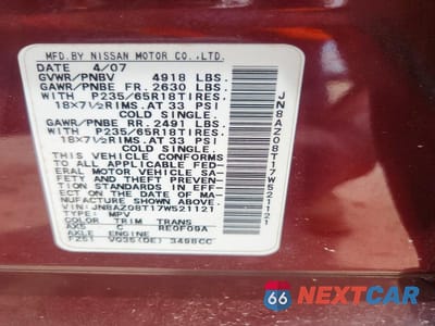 Zdjęcie 14 z 14 samochodu: 2007 NISSAN MURANO S VIN:JN8AZ08T17W521121 - miniatura