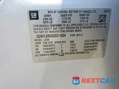 Zdjęcie 13 z 13 samochodu: 2012 CHEVROLET EQUINOX LT VIN:2GNFLEEK8C6311624 - miniatura