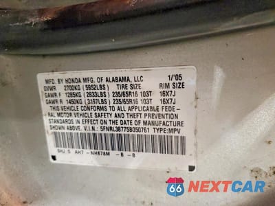Zdjęcie 13 z 13 samochodu: 2005 HONDA ODYSSEY EXL VIN:5FNRL38775B050761 - miniatura